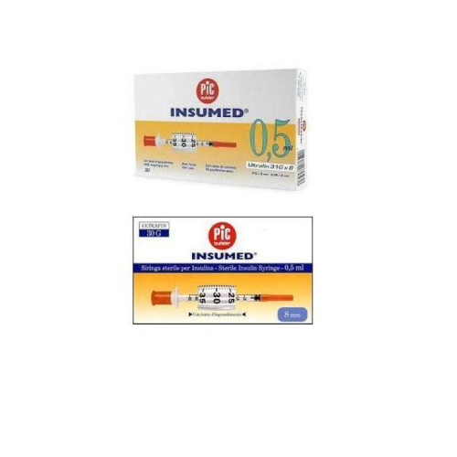 Siringa per insulina pic insumed 0,5 ml 100 ui ago gauge 30 lunghezza 8 mm senza spazio morto 3 sacchetti da 10 pezzi