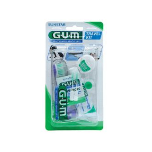 Gum travel kit viaggio 1 spazzolino pieghevole gum travel + 1 dentifricio viaggio 12 ml + 1 rocchetto filo interdentale 10mt + 2 scovolini gomma gum soft picks