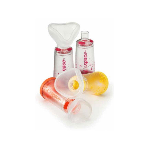 Camera distanziatrice per erogatori spray predosati l'espace 220 ml per adulti con boccaglio valvola inspirazione 2 valvole espirazione codice colore magenta