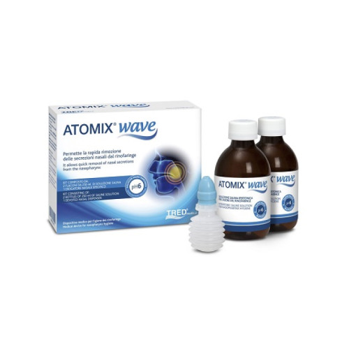 Atomix wave dispositivo per igiene rinofaringea atomix soluzione salina 250 ml 2 pezzi + terminale nasale + erogatore a soffietto