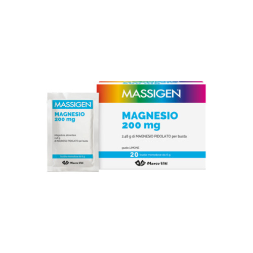 Massigen magnesio 20 bustine da 6 g gusto limone senza glutine senza lattosio con zucchero ed edulcorante