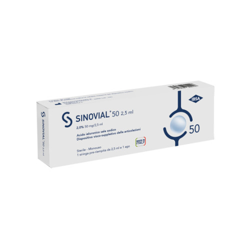 Siringa intra-articolare sinovial 50 acido ialuronico sale sodico 2% 50mg/2,5ml 2,5ml + ago 21 gauge