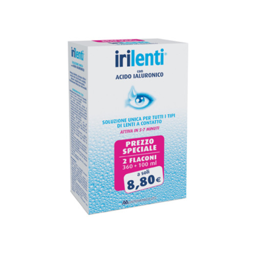 Soluzione unica per lenti a contatto irilenti con acido ialuronico 2 flaconi da 360 ml + 100 ml
