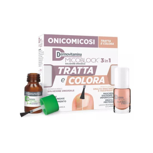 Dermovitamina micoblock 3 in 1 tratta e colora soluzione ungueale 7 ml + smalto idratante traspirante 5 ml