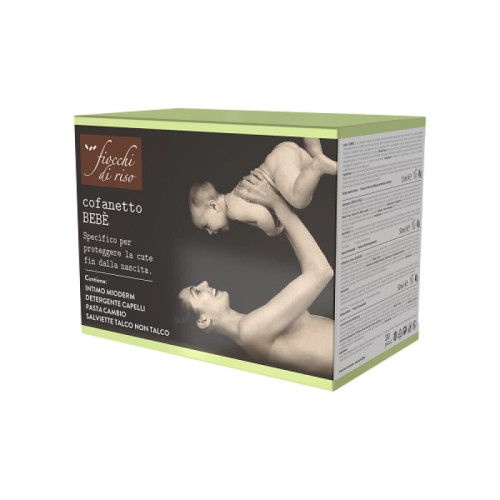 Fiocchi di riso cofanetto bebe' pasta cambio 15 ml + detergente corpo e capelli talco 50 ml + detergente intimo mioderm 50 ml + 20 salviette talco non talco + pochette