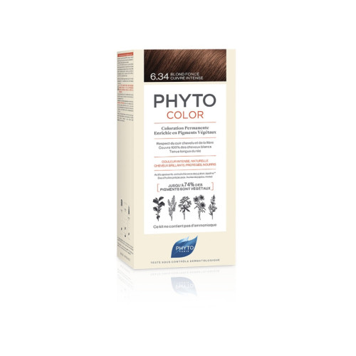Phytocolor 6,34 biondo scuro ramato intenso latte + crema + maschera + foglietto illustrativo + 1 paio di guanti