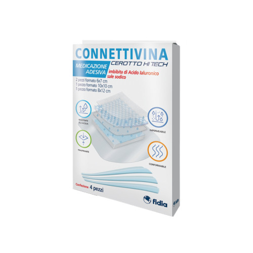 Cerotto connettivina hitech 4 misure miste 2 pezzi 6 x 7 cm + 1 pezzo 10 x 10 cm + 1 pezzo 8 x 12 cm