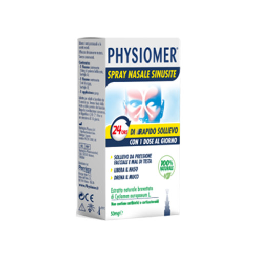 Physiomer spray nasale sinusite 2 pezzi 1 flacone da 50 mg di estratto di ciclamino naturale liofilizzato + 1 fiale da 5 ml di solvente