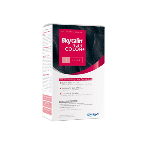 Bioscalin nutricolor plus 1 nero crema colorante 40 ml + rivelatore crema 60 ml + shampoo 12 ml + trattamento finale balsamo 12 ml