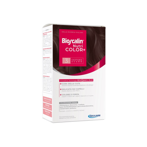 Bioscalin nutricolor plus 3 castano scuro crema colorante 40 ml + rivelatore crema 60 ml + shampoo 12 ml + trattamento finale balsamo 12 ml