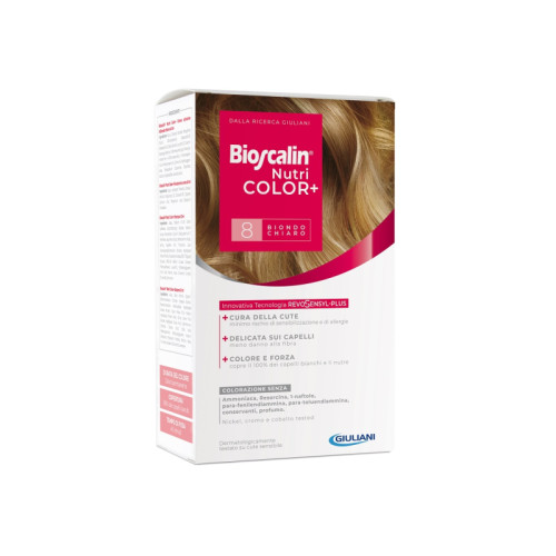 Bioscalin nutricolor plus 8 biondo chiaro crema colorante 40 ml + rivelatore crema 60 ml + shampoo 12 ml + trattamento finale balsamo 12 ml