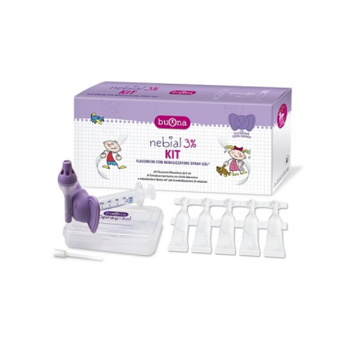 Nebial 3% kit 20 flaconcini monodose 5ml soluzione ipertonica con acido ialuronico + nebulizzatore spray-sol